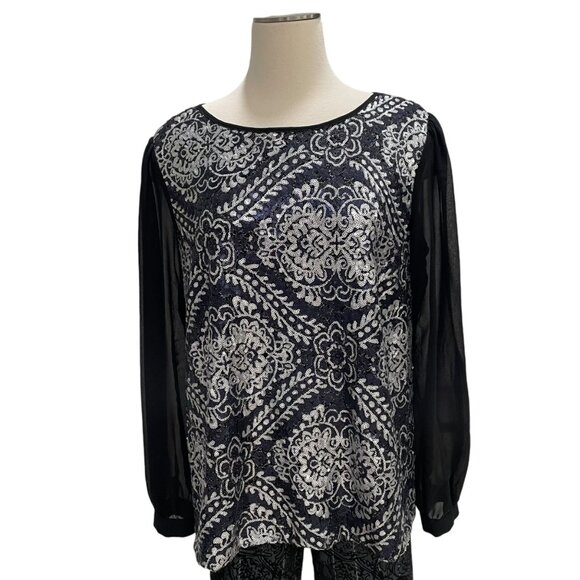 M&Co Black & Silver Sequin Sheer Back Top 12 Evening Party Glam Holiday Cocktail - Picture 11 of 11